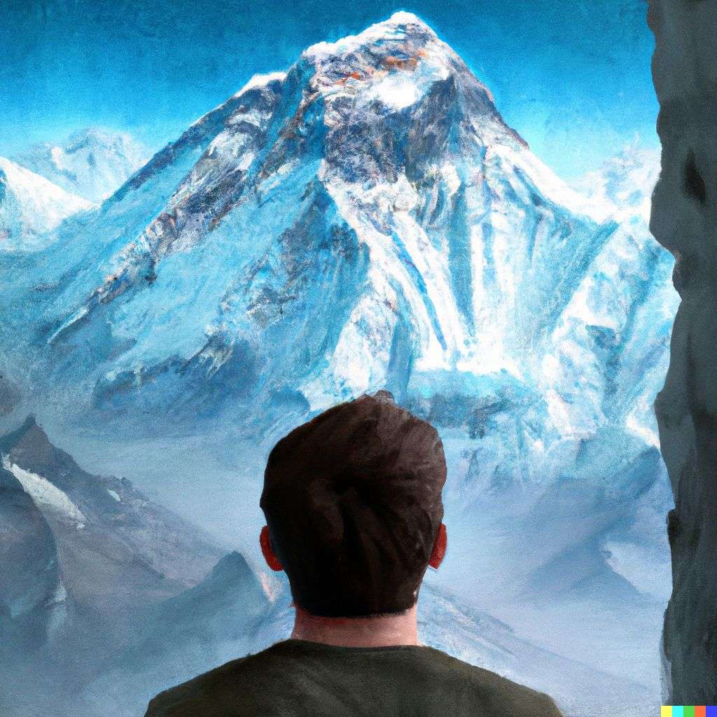 someone gazing at Mount Everest, digital art, faux-3D style
